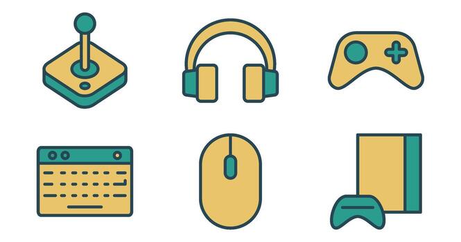 Gaming equipment  Icons. Vector Graphics Featuring Designs of joystick, controller, headset, keyboard, mouse, console. Icon Set in filled outline Style