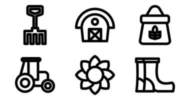 Farm Icons. Vector Graphics Featuring Designs of Barn, Tractor, Pitchfork, Wheat, Boots, Sunflower. Icon Set in Bold Style