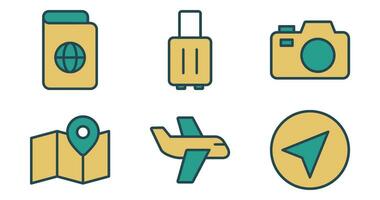 Travel Icons. Vector Graphics Featuring Designs of passport, suitcase, camera, plane, map, compass. Icon Set in filled line Style