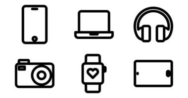 Tech, Gadget, Device Icons. Vector Graphics Featuring Designs of smartphone, tablet, laptop, headphones, smartwatch, camera. Icon Set in Bold Style