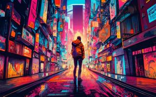 AI generated Sci fi neon city in the girl and man photo