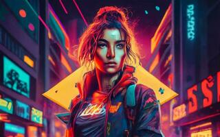 AI generated Sci fi neon city in the girl and man photo