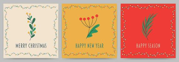 Postcard with text happy new year, merry christmas, happy holiday, garland, branch. vector