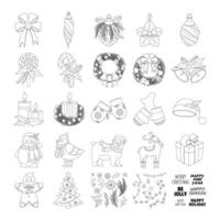 Set of Christmas toy, deer, wreath, bird, bell, text, lollipop, candle, glove, snowman, beer, garland, snowflake. vector