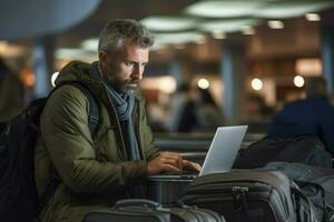 AI generated nomad working in an airport terminal, generative ai photo