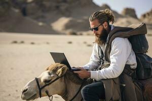 AI generated nomad worker in desert with laptop and camels, generative ai photo
