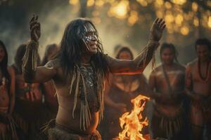 AI generated indigenous people dancing around the fire. generative ai photo