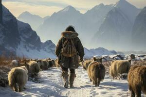 ai generado un indígena hombre es caminando oveja a través de un nieve cubierto valle. generativo ai foto