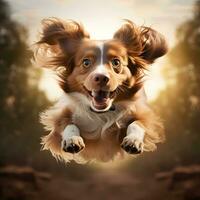 ai generado retrato de un hermosa perro saltando en el aire a puesta de sol foto