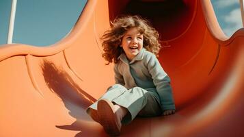 AI generated cheerful little girl smiling and looking at camera while sitting on slide on playground photo