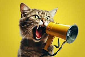 AI generated Cat shouting through megaphone. Isolated on yellow background photo