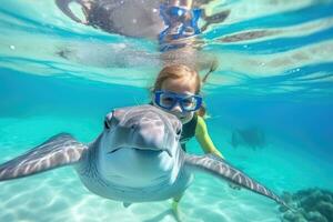 AI generated A girl and turtle underwater, snorkeling. AI Generated photo