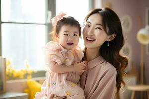 AI generated Happy Asian mom holding her daughter playing together at home. AI Generated photo