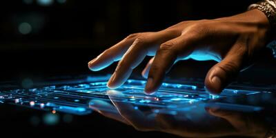 AI generated Finger Pushes Touch Screen Button and Activates Futuristic Artificial Intelligence. AI Generated photo