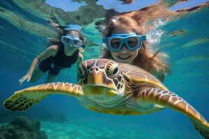 AI generated A girl and turtle underwater, snorkeling. AI Generated photo