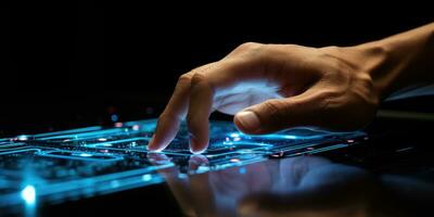 AI generated Finger Pushes Touch Screen Button and Activates Futuristic Artificial Intelligence. AI Generated photo