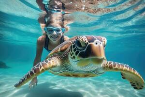 AI generated A girl and turtle underwater, snorkeling. AI Generated photo