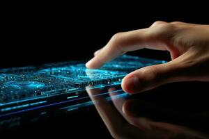 AI generated Finger Pushes Touch Screen Button and Activates Futuristic Artificial Intelligence. AI Generated photo