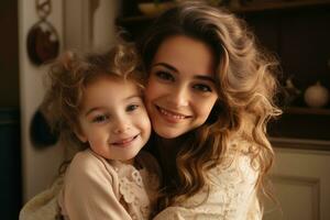 AI generated Happy mom holding her daughter playing together at home. AI Generated photo