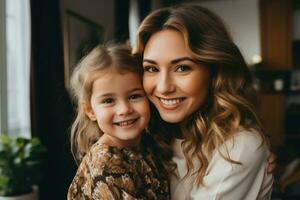 AI generated Happy mom holding her daughter playing together at home. AI Generated photo