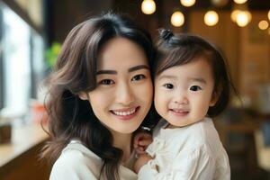 AI generated Happy Asian mom holding her daughter playing together at home. AI Generated photo