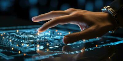 AI generated Finger Pushes Touch Screen Button and Activates Futuristic Artificial Intelligence. AI Generated photo