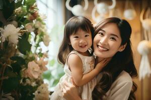 AI generated Happy Asian mom holding her daughter playing together at home. AI Generated photo