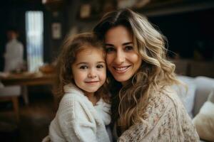 AI generated Happy mom holding her daughter playing together at home. AI Generated photo