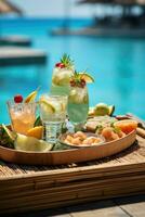 AI generated served tray in swimming pool with drinks and snacks on tropical island in Maldives, AI Generated photo