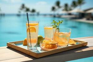 AI generated served tray in swimming pool with drinks and snacks on tropical island in Maldives, AI Generated photo