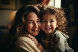 AI generated Happy mom holding her daughter playing together at home. AI Generated photo