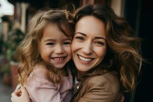 AI generated Happy mom holding her daughter playing together at home. AI Generated photo