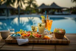 AI generated served tray in swimming pool with drinks and snacks on tropical island in Maldives, AI Generated photo