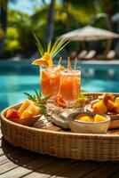 AI generated served tray in swimming pool with drinks and snacks on tropical island in Maldives, AI Generated photo