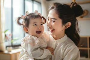 AI generated Happy Asian mom holding her daughter playing together at home. AI Generated photo