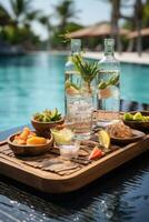 AI generated served tray in swimming pool with drinks and snacks on tropical island in Maldives, AI Generated photo