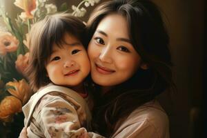 AI generated Happy Asian mom holding her daughter playing together at home. AI Generated photo