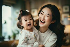 AI generated Happy Asian mom holding her daughter playing together at home. AI Generated photo