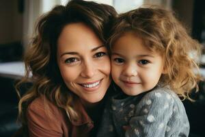 AI generated Happy mom holding her daughter playing together at home. AI Generated photo