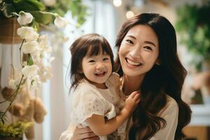 AI generated Happy Asian mom holding her daughter playing together at home. AI Generated photo