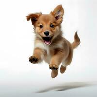 ai generado gracioso perro saltando y volador en blanco antecedentes foto