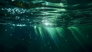 AI generated Underwater view of the sea surface with sunbeams and bubbles photo