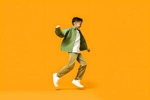 AI generated Little boy in green jacket and white sneakers running isolated on orange background photo