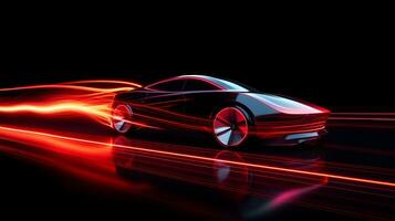 AI generated sports car with red light trails on a black background photo