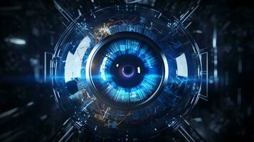 AI generated Futuristic eye view on blue background photo