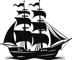 Brigantine boat sailing in sea waters isolated sailboat with fiberglass cloth and flags. Vector monochrome marine yacht. AI generated illustration.