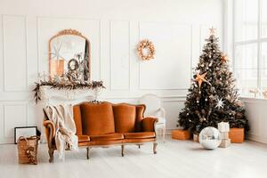 Color of the year 2024, Peach Fuzz. beautiful cozy living room decorated for Christmas photo