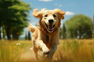 AI generated Meadow sprint Golden retriever runs, embracing the grassy expanse photo