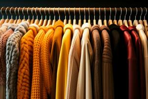 AI generated Fashion gallery Rows of clothes on hangers display vibrant diversity photo