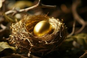 AI generated Shimmering golden egg nestled among twigs in a birds cozy home photo